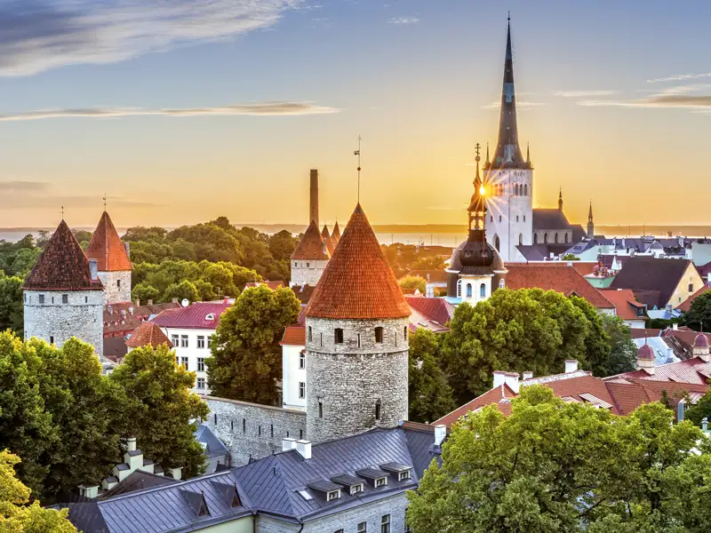 Auf Ihrer Entdecker-Rundreise durch das Baltikum erkunden Sie die Altstadt von Tallinn mit Türmen und St. Olaikirche bei Sonnenuntergang.