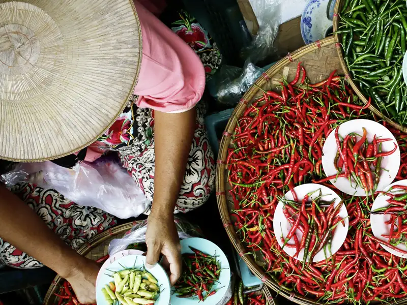 Auf unserer YOUNG LINE TRAVEL Rundreise durch Laos schauen wir auf dem Markt einer Händlerin, die Chilischoten sortiert, über die Schulter.