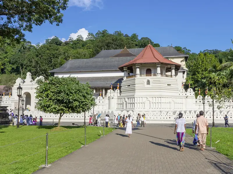 Bei Ihrer Rundreisedurch Sri Lanka besuchen wir pünktlich zur Puja-Zeremonie den Tempel mit seinem Schrein, der einen Eckzahn Buddhas birgt – das größte Heiligtum im Land der Heiligtümer.