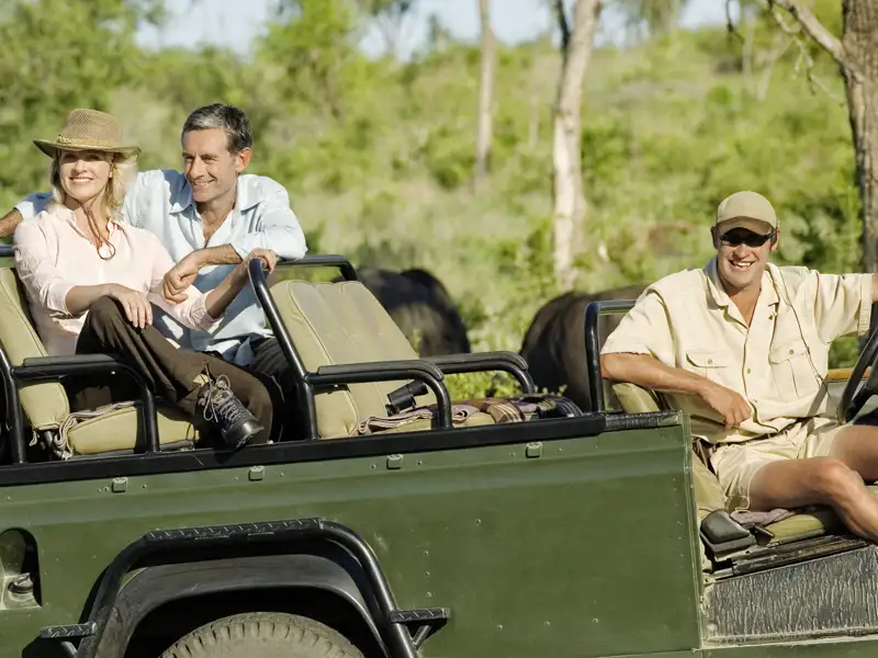 Mit einem Ranger sind Sie auf Ihrer individuellen Rundreise durch Südafrika  im offenen Safarifahrzeug in der Krügerparkregion unterwegs.