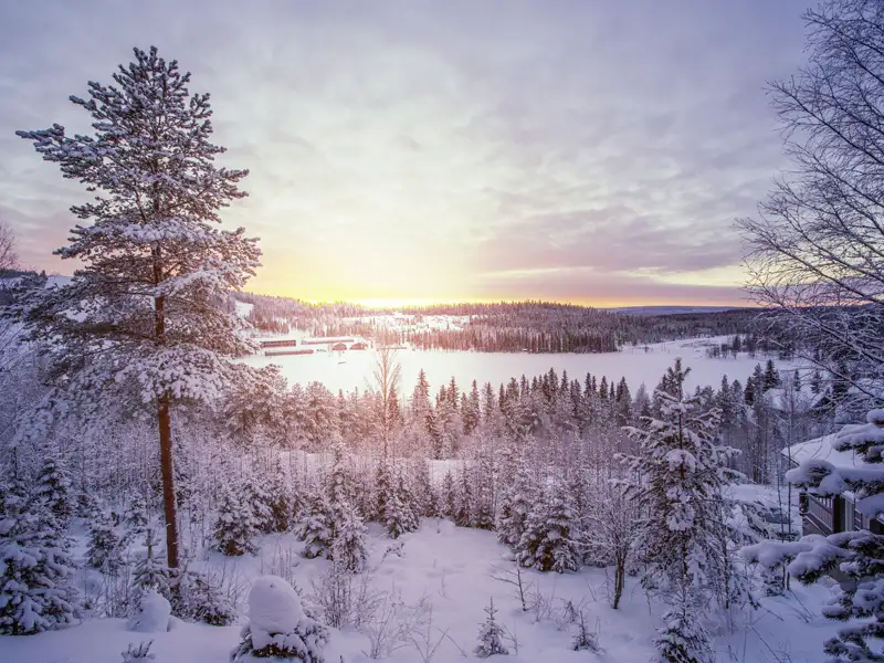 Bei der Reise durch Finnland sehen wir viele traumhafte Winterlandschaften mit zugefrorenen Seen bei Sonnenuntergang.