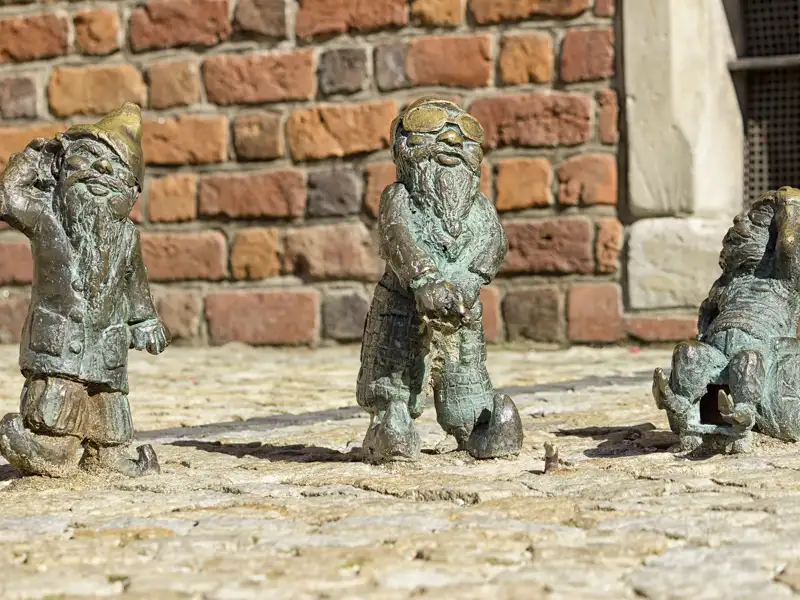 Etwa 1000 bronzene Zwergfiguren verteilen sich in Breslaus Altstadt. Sie klettern Laternenpfähle empor, sitzen auf Fensterbänken oder lümmeln auf Plätzen herum. Wie viele der freundlichen Zeitgenossen entdecken Sie auf Ihrem Stadtbummel bei Ihrer Reise?