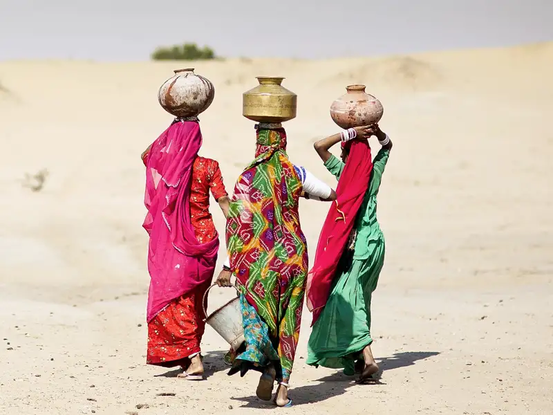 Drei Personen in traditionellen bunten Saris balancieren Wasserkrüge auf ihren Köpfen, während sie durch die Wüste in Rajasthan gehen, ein authentischer Einblick in den Alltag.