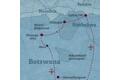 Diese Reisekarte zeigt den Verlauf der Marco Polo Individuell Reise Botswana: Victoria Falls, Chobepark, Okavangodelta.
