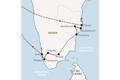 Die Karte zeigt den Verlauf unserer Entdeckerreise in der Mini-Gruppe nach Südindien: Chennai, Mahabalipuram, Kanchipuram, Madurai, Thekkady, Alleppey, Kochi.