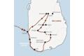 Die Karte zeigt den Verlauf der Marco-Polo-Mini-Gruppen-Reise Sri Lanka: Colombo, Dambulla, Sigiriya, Kandy, Digana, Kitulgala, Nanu Oya, Haputale, Udawalawe, Galle, Wadduwa.