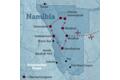 Diese Reisekarte zeigt den Verlauf der individuellen Marco Polo Reise Namibia: Windhuk, Namibwüste, Swakopmund, Walvis Bay, Damaraland, Etoscha-Nationalpark.