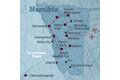 Diese Reisekarte zeigt den Verlauf der individuellen Marco-Polo-Mietwagenreise Namibia: Windhuk, Kalahari, Namibwüste, Swakopmund, Walvis Bay, Damaraland, Etoscha-Nationalpark, Otjiwarongo.