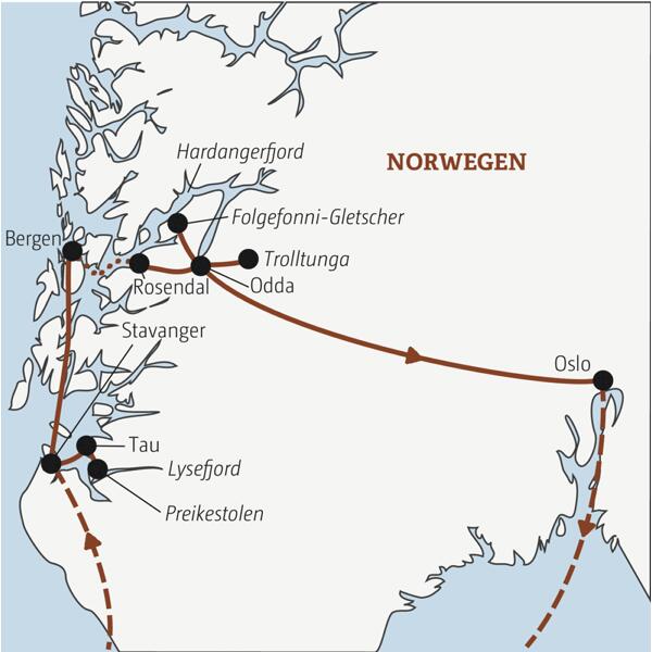 Auf dieser YOUNG LINE Reise Norwegen - Fjell & Fjorde für Entdecker - reisen junge Singles und Alleinreisende in der Gruppe von Stavanger über Bergen bis nach Oslo.