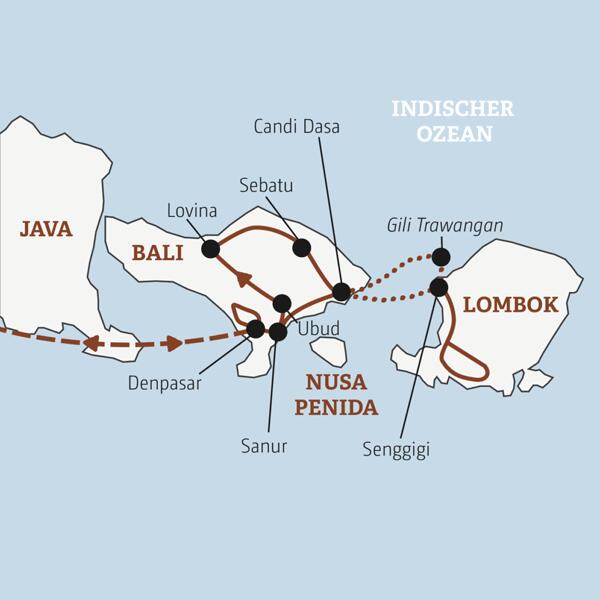 Die Rundreise mit YOUNG LINE durch Indonesien führt dich über Bali mit Sanur, Lovina, Candi Dasa und Ubud nach Lombok und auf Gili Trawangan.