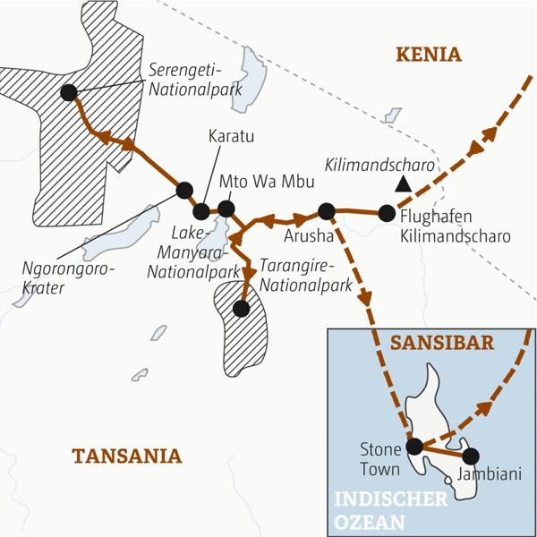 Karte von Tansania und Sansibar mit eingezeichnetem Verlauf der Marco Polo Reise.