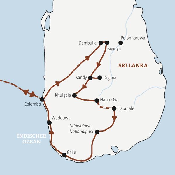 Die Karte zeigt den Verlauf der Marco-Polo-Mini-Gruppen-Reise Sri Lanka: Colombo, Dambulla, Sigiriya, Kandy, Digana, Kitulgala, Nanu Oya, Haputale, Udawalawe, Galle, Wadduwa.