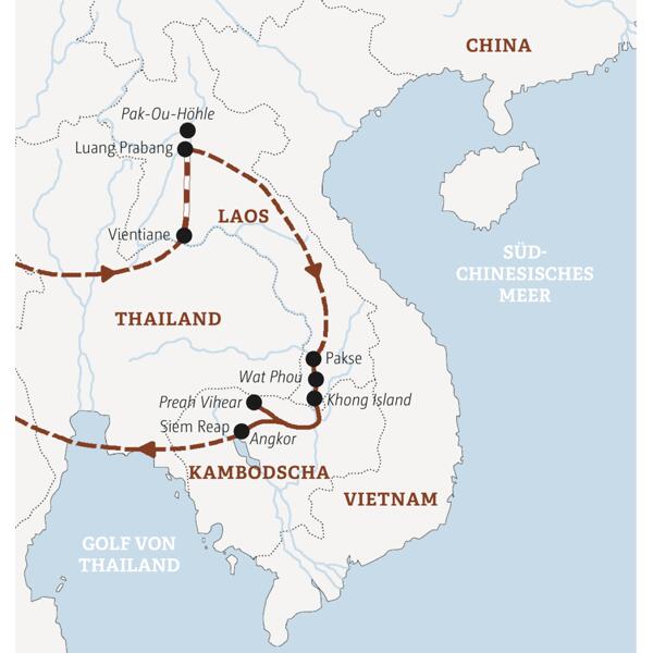 Die Rundreise in der Mini-Gruppe fürht Sie von Luang Prabang über Khong Island nach Siem Reap.