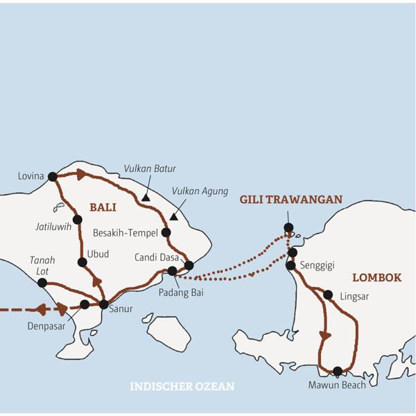 In der Marco Polo Reise in der Mini-Gruppe erleben Sie die Götterinsel Bali, die ursprüngliche Nachbarinsel Lombok. Zum Abschluss dann relaxte Strandtage auf der kleinen Insel Gili Trawangan
