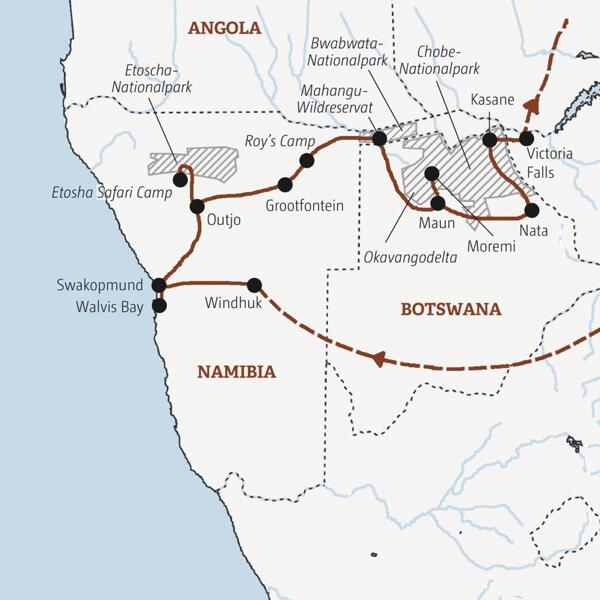 Überlandtour vom Atlantik zu den Viktoriafällen, quer durch Namibia und Botswana. Ein Safari-Erlebnis der besonderen Art in kleiner Gruppe.