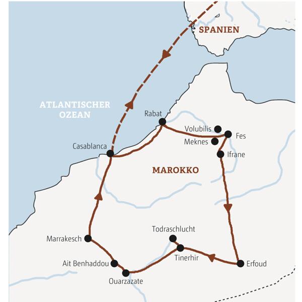 Karte von Marokko mit eingezeichnetem Reiseverlauf der Marco Polo Entdeckerreise