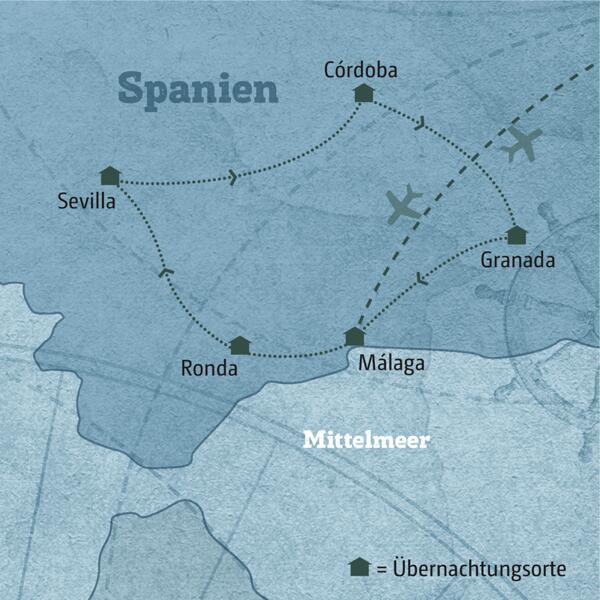 Diese Karte zeigt den Verlauf Ihrer individuellen Rundreise im Mietwagen durch Andalusien: sie führt von Málaga über Ronda, Sevilla, Cordoba, Granada und zurück nach Malaga.