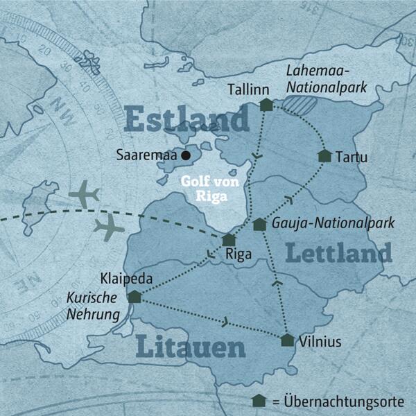 Ihre individuelle Reiseroute startet in Tallinn und führt überTartu, den Gauja-Nationalpark, Vilnius, Klaipeda und Riga zurück.