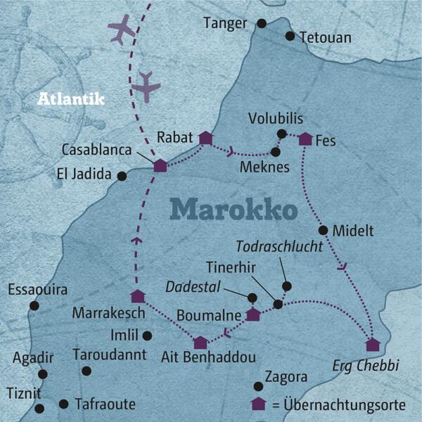 Diese individuelle Rundreise führt Sie zu den Höhepunkten Marokkos, wie die Königstädte Marrakesch, Rabat und Fes, sowie in die Wüste und ins Atlasgebirge.