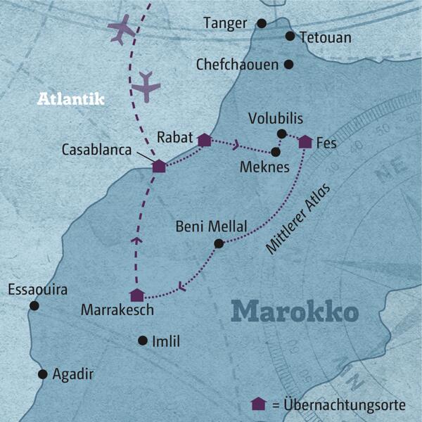 Ihre individuelle Reiseroute durch Marokko führt Sie in die zauberhaften Königsstädte Casablanca, Meknes, Fes und Marrakesch.