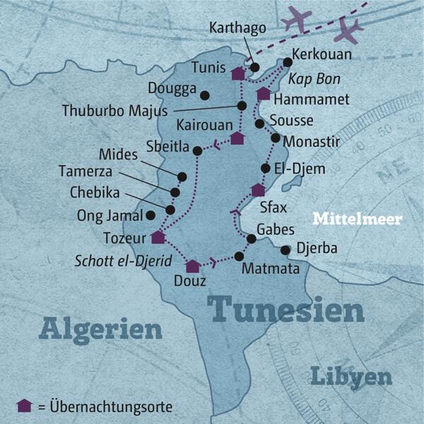 Ihre individuelle Reiseroute startet in Tunis und führt über Kairouan, Tozeur, Douz, Sfax und Hammamet zurück.