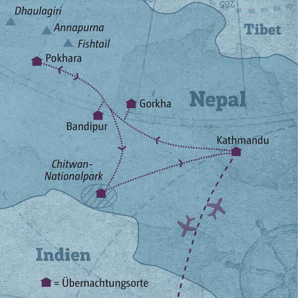 Ihre individuelle Reiseroute durch Nepal startet in Kathmandu und führt über Gorkha nach Pokhara, über Bandipur und den Chitwan-Nationalpark geht es zurück nach Kathmandu.