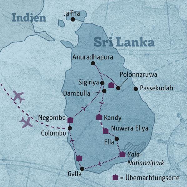 Ihre individuelle Rundreise führt Sie über Negombo ins Kulturelle Dreieck, weiter über Kandy, Nuwara Eliya, den Yala-Nationalpark und Galle zum Badeaufenthalt an der Südwestküste.