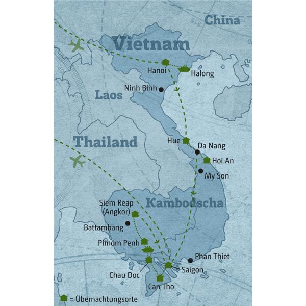 Ihre individuelle Rundreise durch Vietnam und Kambodscha führt Sie von Hanoi über Hue, Saigon und Phnom Penh nach Siem Reap.