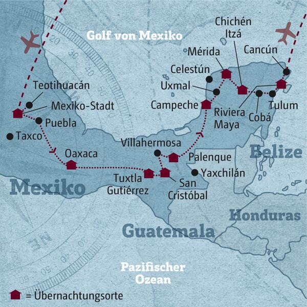 Ihre individuelle Reiseroute durch Mexiko startet in Mexiko-Stadt und führt durch die Berglandschaft auf die Yukatan-Halbinsel.