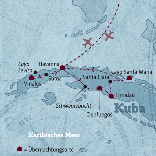 Die Karte zeigt Ihre individuelle Reiseroute durch den Westen Kubas mit Beginn in Havanna. Sie besichtigen unter anderem Vinales, Cienfuegos, Trinidad und beenden die Reise auf Cayo Santa Maria zum Baden.