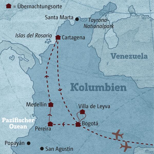 Die Karte zeigt den Verlauf Ihrer individuellen Kolumbien-Rundreise: Bogotá, Villa de Leyva, Medellín, Cartagena.