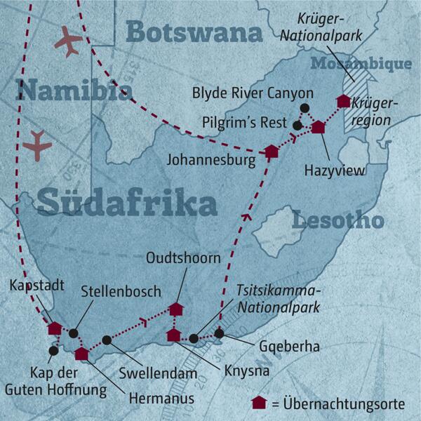Die Route Ihrer individuellen Rundreise durch Südafrika startet in Kapstadt und führt über Hermanus, Oudtshoorn und Knysna in die Krügerparkregion.