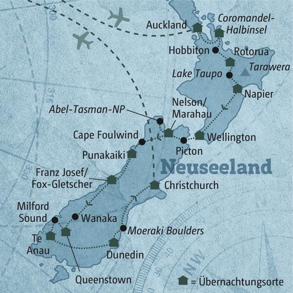 Diese Reisekarte zeigt den Verlauf der individuellen Marco Polo Reise durch Neuseeland: Auckland, Coromandel-Halbinsel, Hobbiton, Rotorua, Napier, Wellington, Abel-Tasman-NP, Punakaiki, Franz-Josef/Fox-Gletscher, Queenstown, Milford Sound, Dunedin, Christchurch.