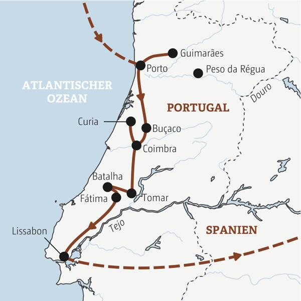 Reiseverlauf der Portugal Entdeckerreise - von Porto nach Lissabon.