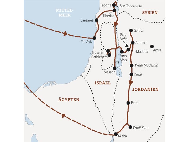 Stationen der Marco Polo Reise Israel - Jordanien 3642 sind unter anderem Tel Aviv, Tiberias, Madaba, Amman, Petra und Akaba.