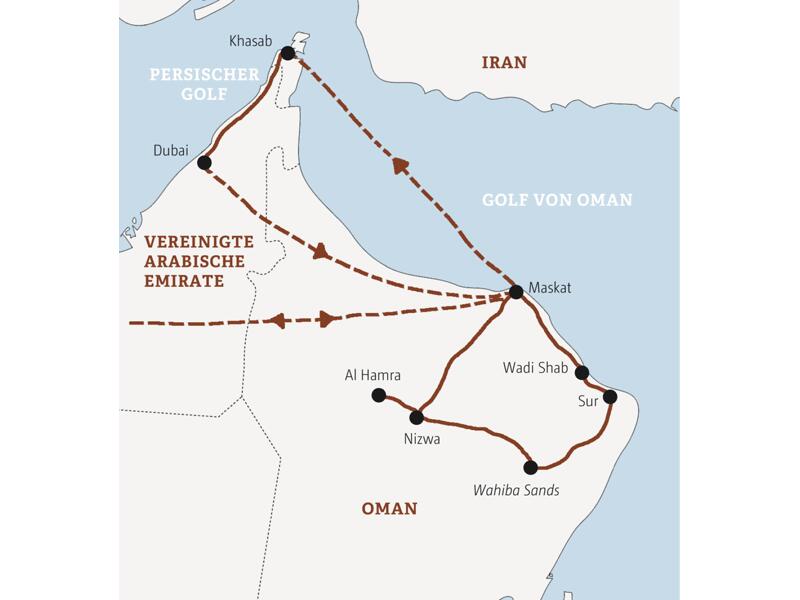 Ihre Marco Polo Reise beginnt in Maskat. Weitere Stationen: Sur, die Wüste Wahiba Sands und Nizwa. Von Maskat fliegen Sie in die Exklave Musandam. Von dort geht es über Land nach Dubai, von wo Sie in die Heimat zurückfliegen.