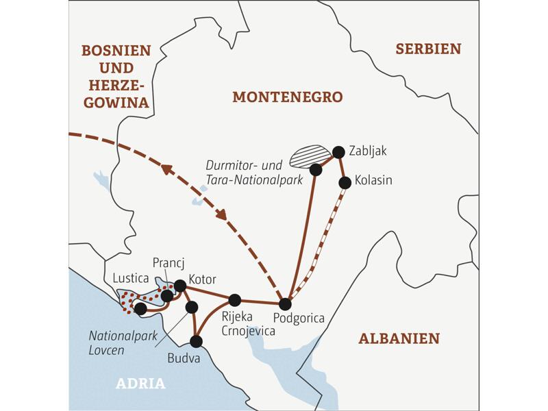 Reisekarte der  Marco Polo Rundreise durch  Montenegro mit Kotor, Budva und Durmitor-Nationalpark.