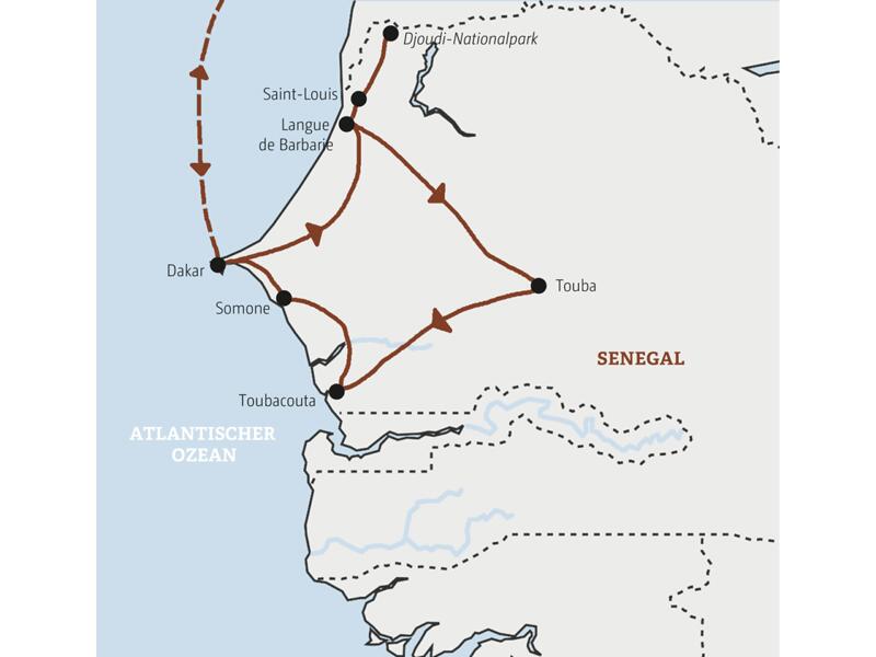 Unsere Marco Polo Mini-Gruppen-Reise Senegal verläuft von Dakar über Langue de Barbarie bis nach Saint-Louis und in den Djoudi-Nationalpark. Weiter nach Touba und Toubacouta. Am Ende kommen wir nach Somone an der Küste.