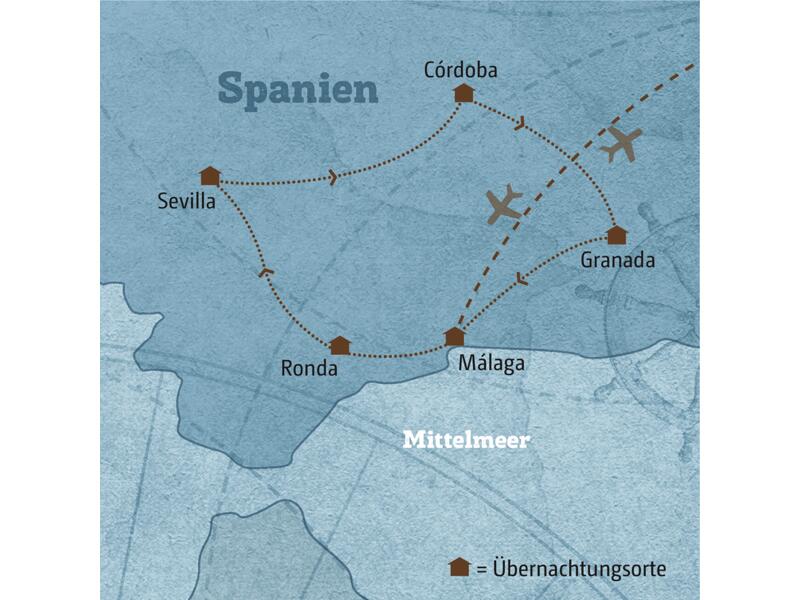 Diese Karte zeigt den Verlauf Ihrer individuellen Rundreise durch Andalusien: sie führt von Málaga über Ronda, Sevilla, Cordoba, Granada und zurück nach Malaga.