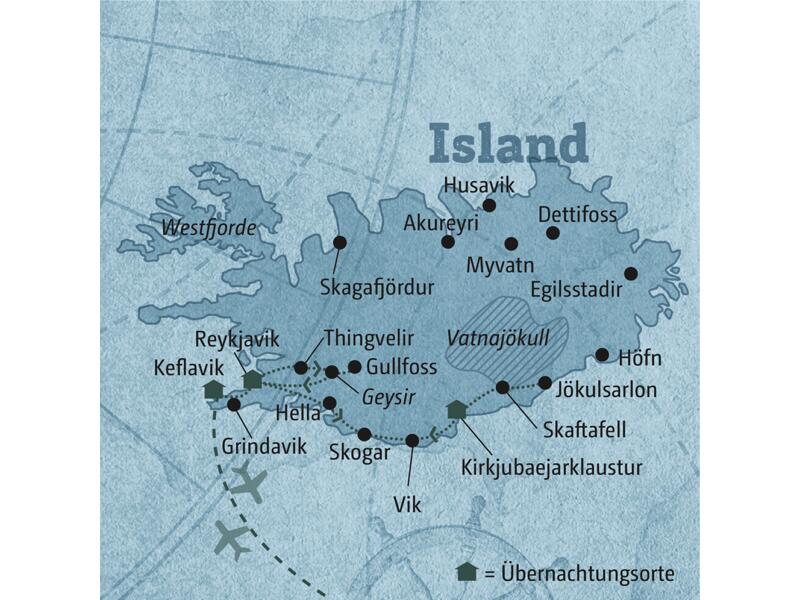Diese Karte zeigt den Verlauf der individuellen Mietwagenreise an Islands Südküste: Reykjavik, Golden Circle, Vik, Kirkjubaejarklaustur, Jökulsarlon, Keflavik.