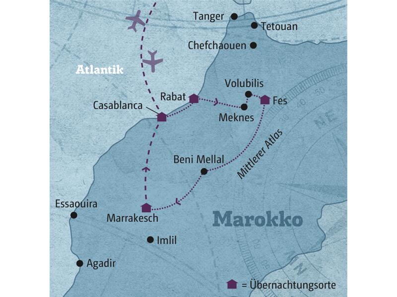 Ihre individuelle Reiseroute durch Marokko führt Sie zu den zauberhaften Königsstädten Casablanca, Meknes, Fes und Marrakesch.
