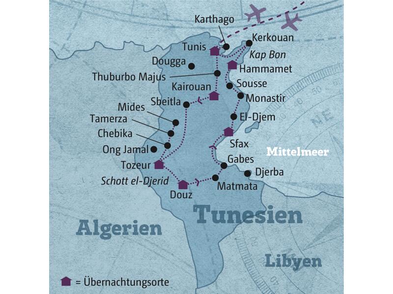 Ihre individuelle Reiseroute startet in Tunis und führt über Kairouan, Tozeur, Douz, Sfax und Hammamet zurück.