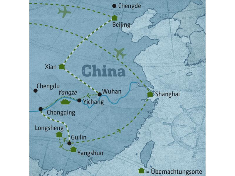 Reisekarte der individuellen Marco Polo Reise China - Megastädte und Flusslandschaften.
