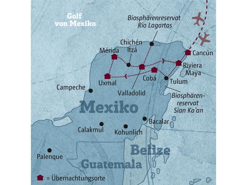 Ihre individuelle Reiseroute startet in Cancún und führt Sie über Tulum, Cobá, Uxmal, Mérida, Chichén Itzá und Valladolid an die Riviera Maya.