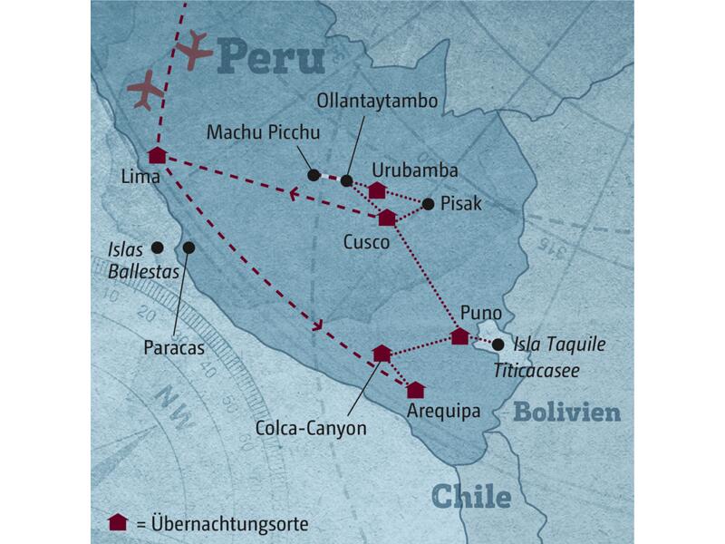 Ihre Reiseroute durch Peru startet in Lima und führt über Arequipa, Puno, Cusco, Urubamba zurück in die Hauptstadt. Der Besuch von Machu Picchu darf natürlich nicht fehlen!