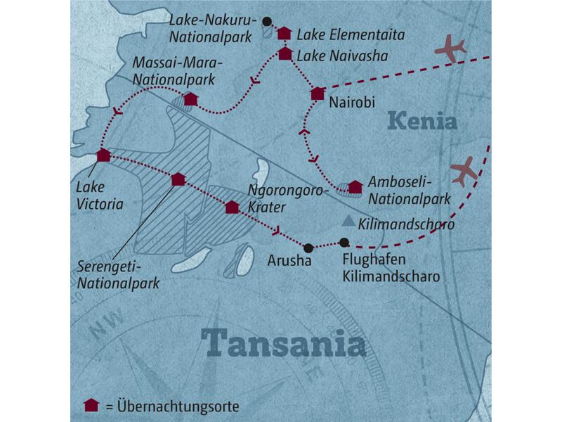 Ihre Reiseroute durch Kenia und Tansania startet in Nairobi und führt über den Amboseli-Nationalpark, die Massai Mara, den Lake Victoria, die Serengeti und den Ngorongoro-Krater nach Arusha.