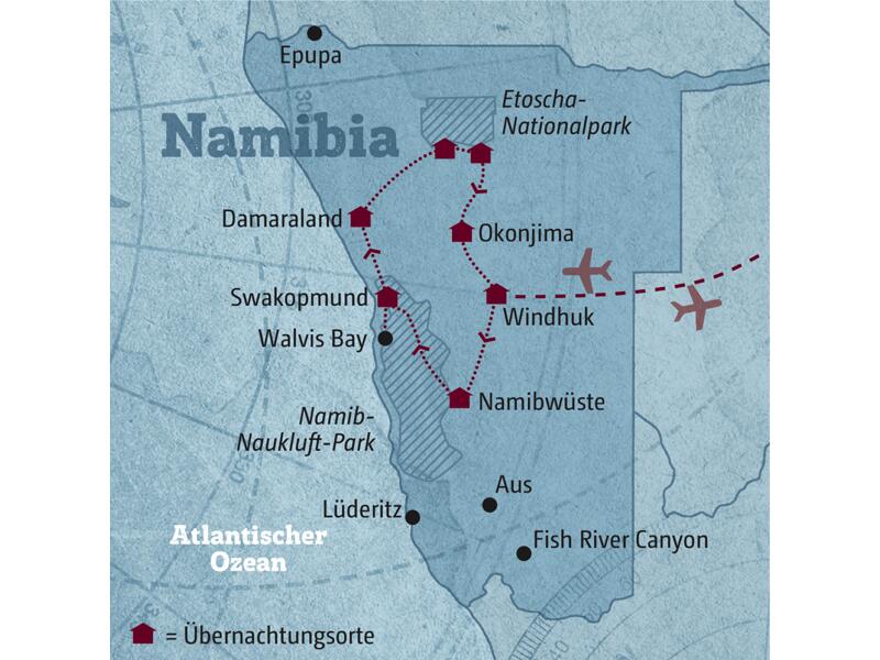 Diese Reisekarte zeigt den Verlauf der individuellen Marco Polo Reise Namibia: Windhuk, Namibwüste, Swakopmund, Walvis Bay, Damaraland, Etoscha-Nationalpark.