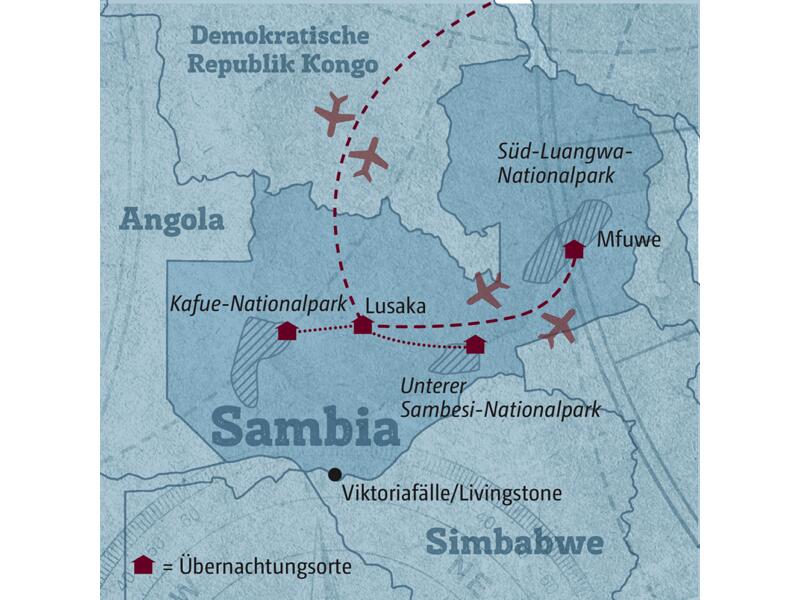 Auf dieser Reise durch Sambia erkunden Sie die schönsten Nationalparks. Von Lusaka führt die Route in den Kafue-Nationalpark, in den Unteren-Sambesi-Nationalpark und als Highlight in den Süd-Luangwa-Nationalpark.