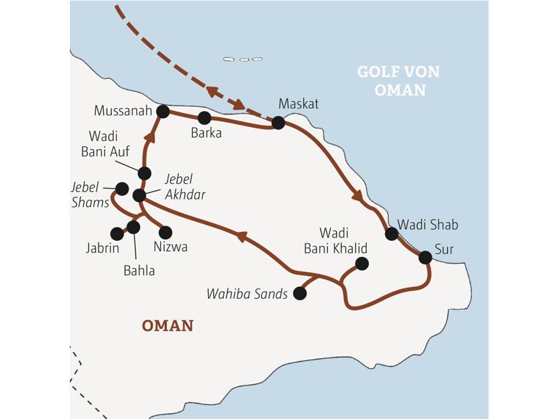 Reiseverlauf der Oman Marco Polo Entdeckerreise.