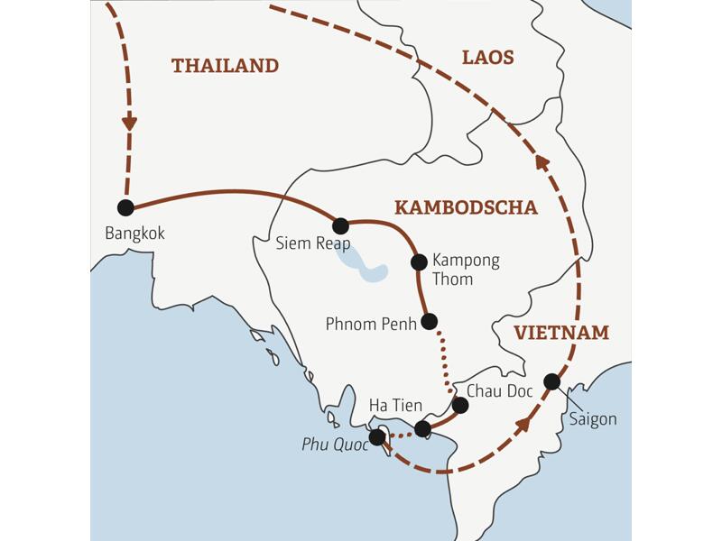 Die Rundreise mit YOUNG LINE durch drei Länder Asiens führt von Thailand über Kambodscha nach Vietnam.